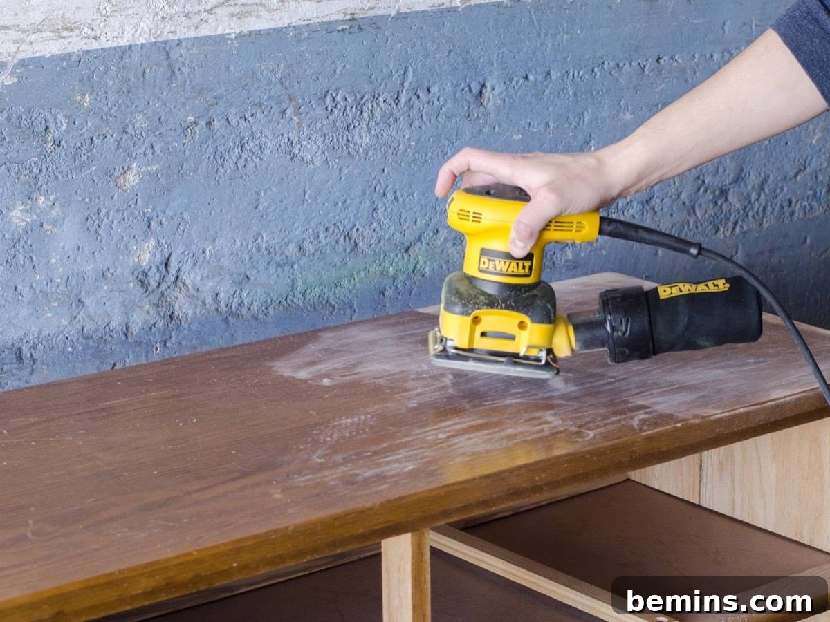Image showing the sanding process. The dresser is being sanded to create a smooth surface for the paint to adhere to.