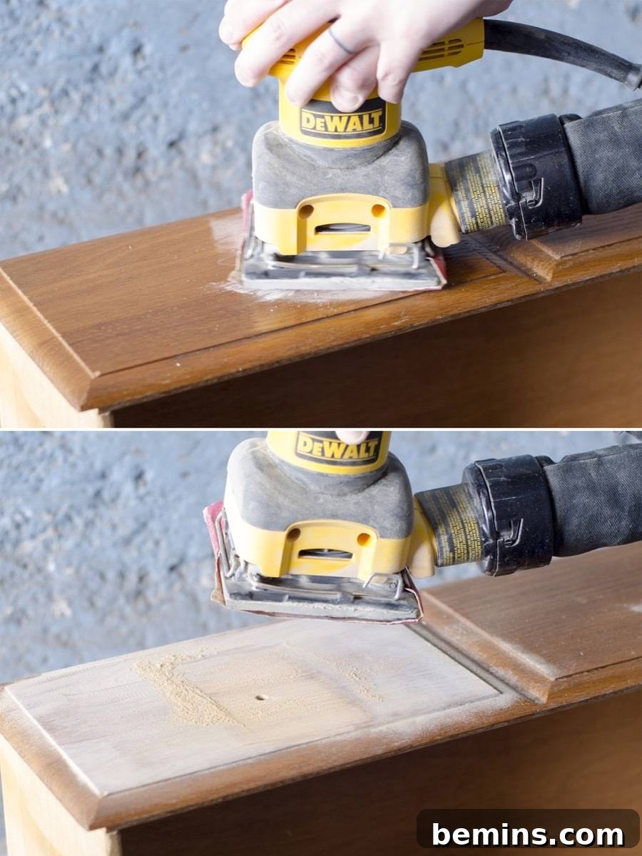 Close-up image of sanding repaired areas on the dresser. The image highlights the importance of blending the wood filler with the surrounding surface.