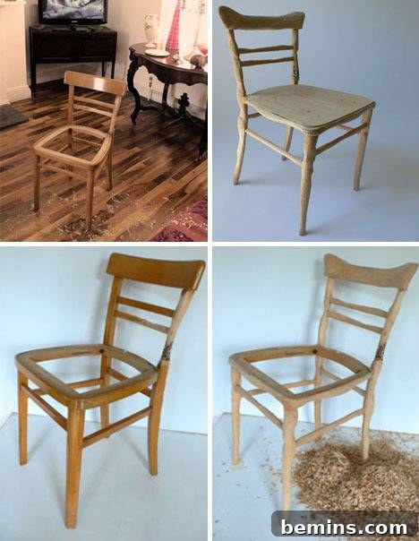 The transformation of a wooden chair into a sculptural art piece through the whittling process.