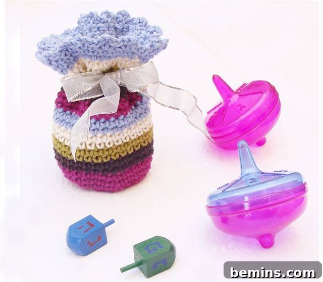Handcrafted Hanukkah: Gelt and Goodies Gift Sacks 3 Handmade crocheted Hanukkah gelt pouches in various colors and designs.