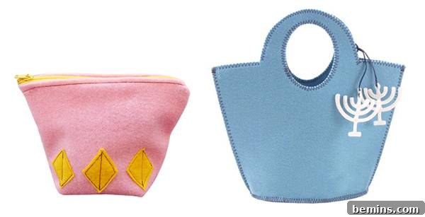 Handcrafted Hanukkah: Gelt and Goodies Gift Sacks 4 Selection of felt pouches, some with zippers, perfect for holding Hanukkah gelt and small gifts.