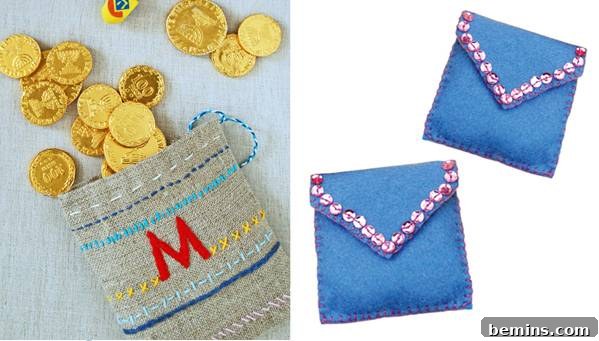 Handcrafted Hanukkah: Gelt and Goodies Gift Sacks 6 Embroidered and felt coin purses for Hanukkah gelt, showcasing personalization and charm.