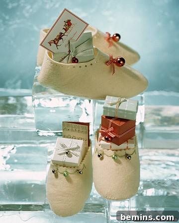Christmas Stocking Spectacular 5 Beige color slippers stuffed with gifts and shown from different angles.