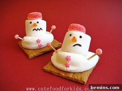 Four Adorable Melted Snowman Snacks 4 Marshmallow Snowmen Melting on Graham Crackers