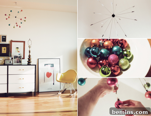 Close-up view of a DIY Sputnik mobile with colorful ornaments