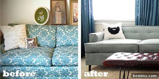 A before and after look of a repolstery job on a sofa.