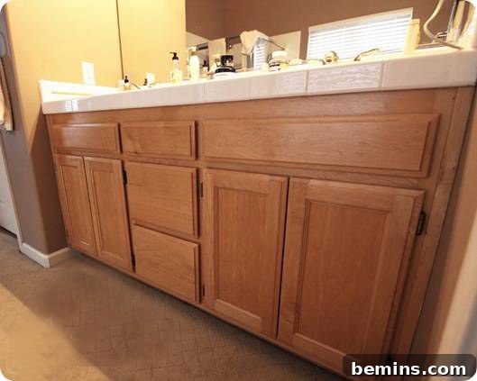 Elevate Your Builder's Oak Vanity 2 A knee high shot of an oak bathroom vanity cabinet.