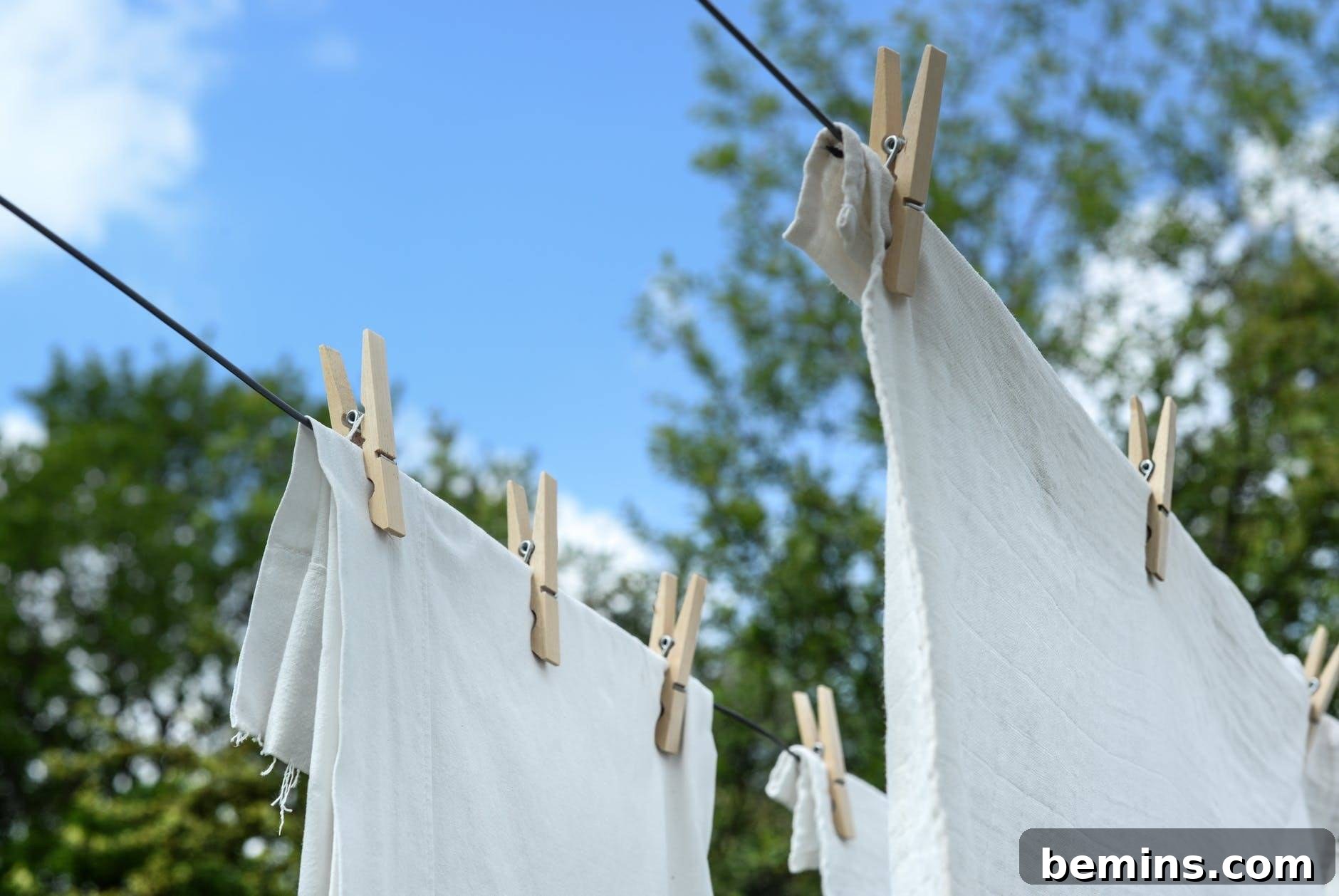 25 Brilliant Ways to Repurpose Dryer Sheets 4 Some fabric sheets on a clothesline held up by several clothespins.