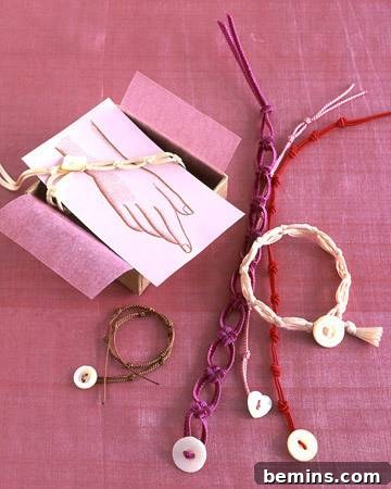Yarn knot bracelet with button for Valentine's Day