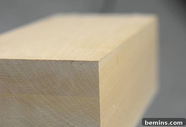 The Cozy Bookmark Cottage Project 5 Squared and smoothed wood block ready for cutting