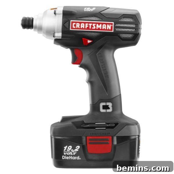 Craftsman 19.2 C3 Cordless Impact Driver Kit, including the driver, two batteries, and charger, presented in a durable soft-sided carrying case.