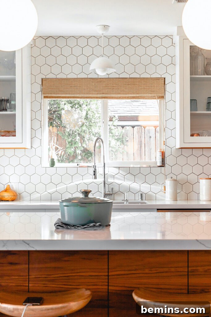 Bright, clean kitchen with white tiles