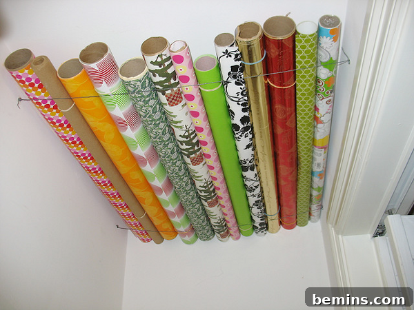 Creative Wrapping Station: DIY Storage Solutions 6 Wrapping Paper Storage Using Closet Ceiling Space