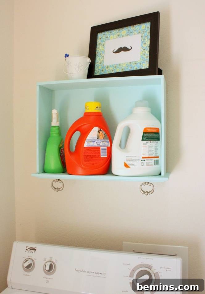 Laundry Room Refresh: Upcycling Drawers for Style and Storage 3 Close-up of repurposed drawer shelves in a laundry room