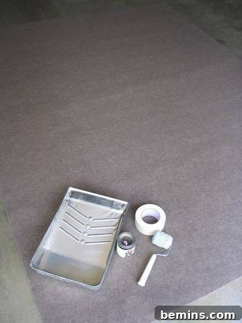 All the necessary tools and materials for painting an indoor/outdoor rug laid out on the floor.