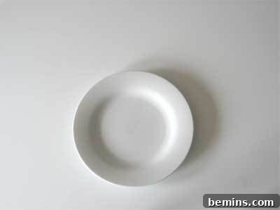 A white dinner plate centered on a white surface.