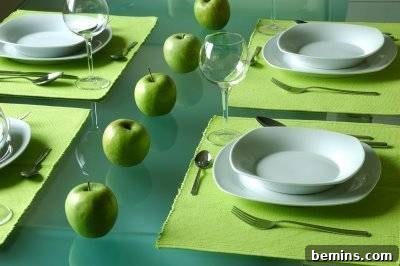 Table Setting with Green Apples as Centerpieces