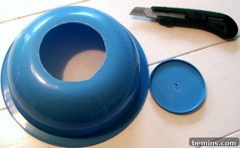Close-up of a blue plastic bowl, the key ingredient for the DIY storage pods