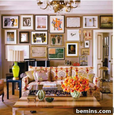 Living room gallery wall with framed photos and prints adding character to the space.