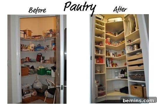 Professionally organized pantry with custom racks, baskets, and labeled containers.