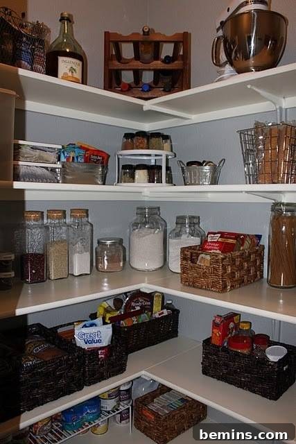 Pantry items in corner rack shelves after makeover, showcasing efficient use of space.