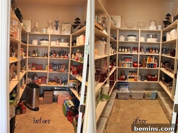 An organized pantry with items neatly arranged in containers and baskets.