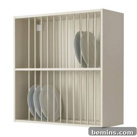 Dishes are put away in a white rack.