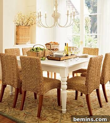 Basket of produce next to serving tray on top of white dining room table next to group of chairs in a dining room.