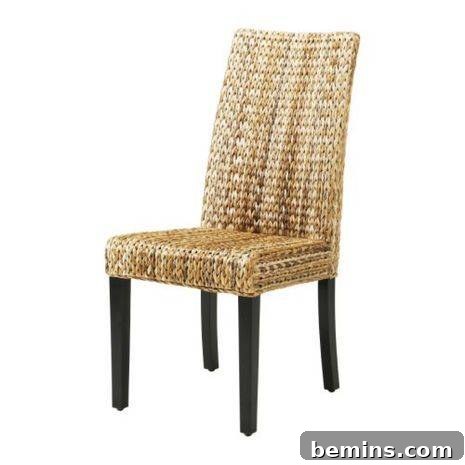 A woven fabric chair is displayed with dark brown legs.