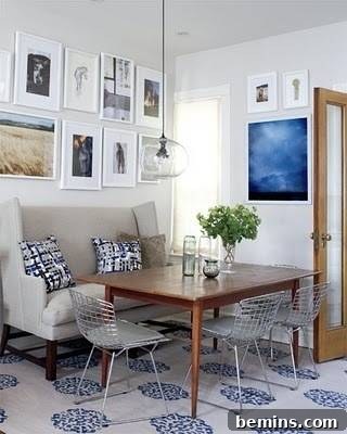 A banquette in a narrow kitchen, serving as a punctuation point and adding character to the space.