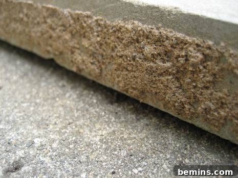 A close up view of the side of cut concrete.