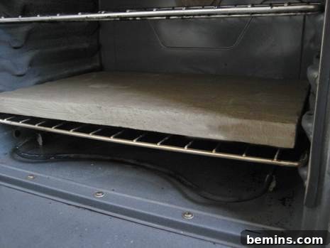 A board sits on a rack in an oven.