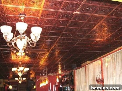 Newly renovated ceiling with faux tin tiles.