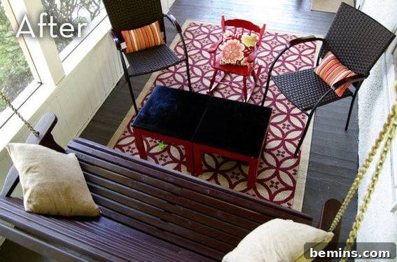 Our beautifully completed porch, featuring the transformed chalkboard tables and Ayla's vibrant pink and red rocking chair, showcasing a cohesive outdoor living space