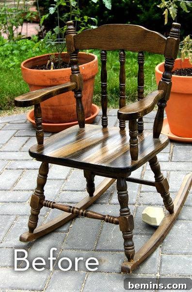Ayla's small, old, wooden rocking chair before its colorful transformation