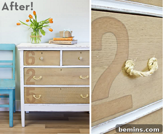 From Waterlogged to Wonderful: A Dresser's Chic Transformation 3 After: The transformed dresser with numbered drawers and rope pulls, inspired by Anthropologie.