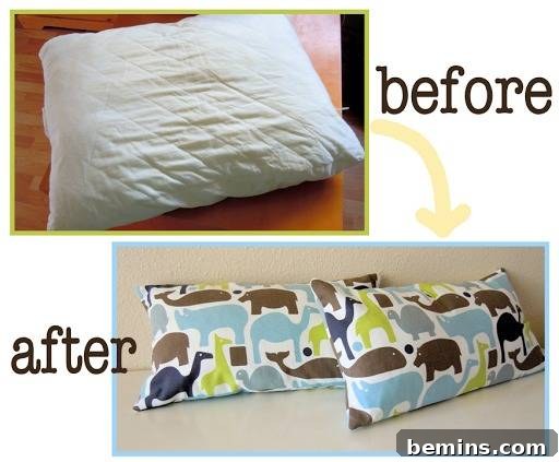 Turning Old Pillows into Dreamy Comfort: A DIY Transformation 4 Before and after image showing the transformation of plain bed pillows into vibrant zoo animal themed throw pillows.