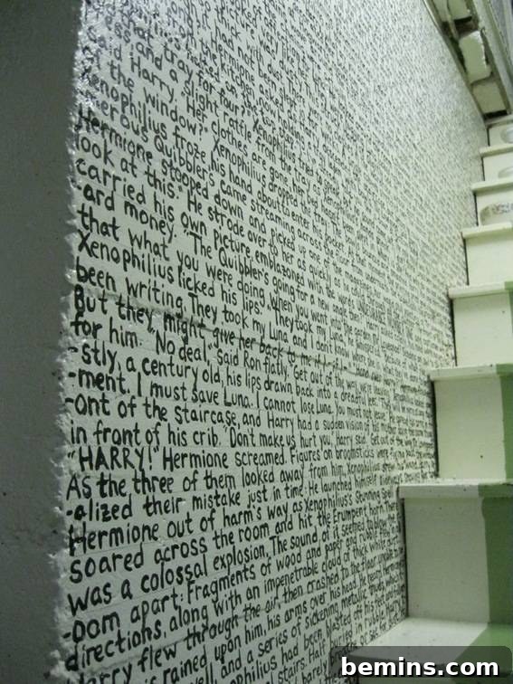 Wide shot of the wall featuring 'The Tale of the Three Brothers' handwritten text