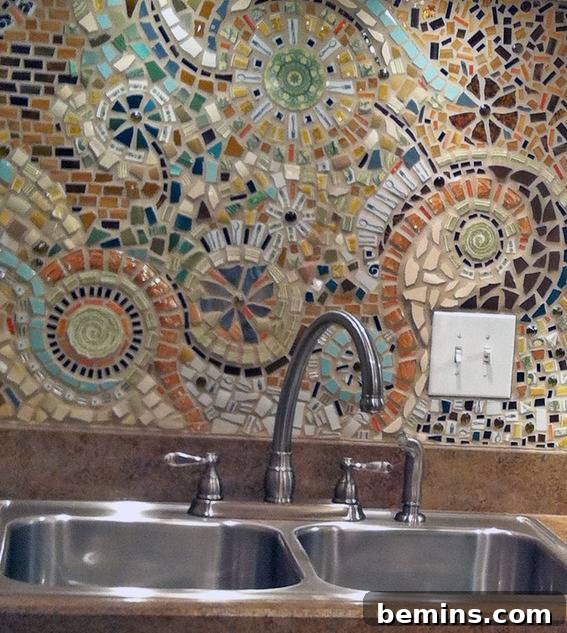 Close-up of the finished mosaic backsplash