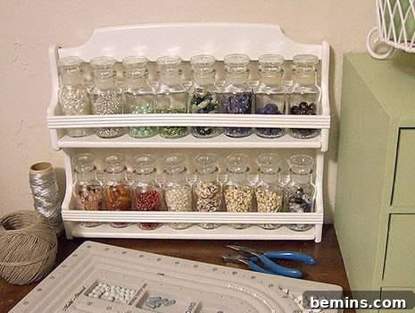 Painted spice rack used for bead storage