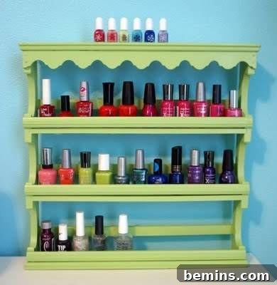 Spice rack used to organize and display nail polish bottles