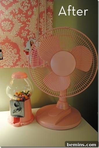 The fan after being spray painted in pink.