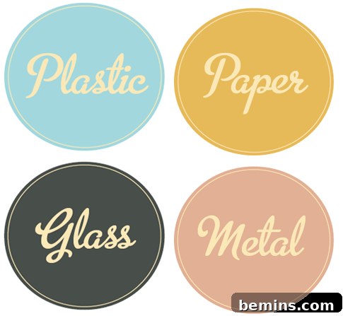 Recycling bins with labels