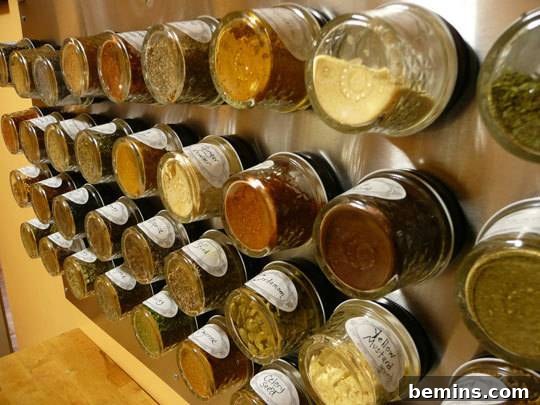 Magnetic spice rack on a kitchen wall