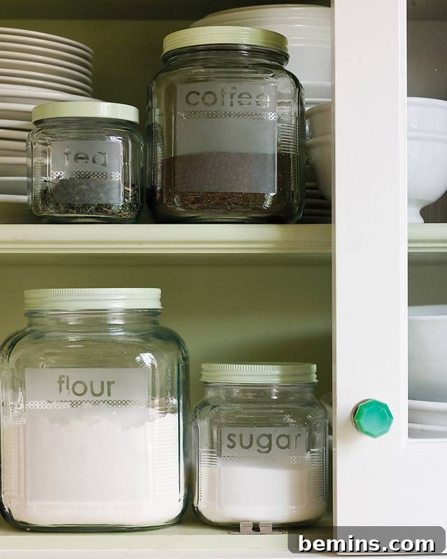 Flour and sugar stored in glass jars