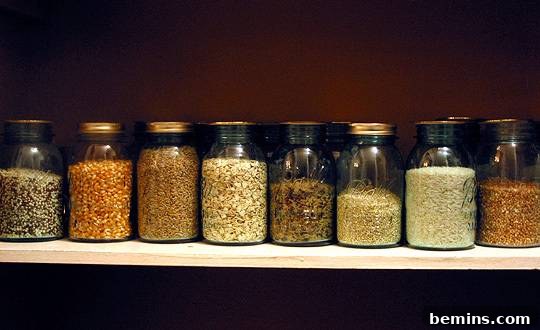 Pasta and grains stored in canning jars