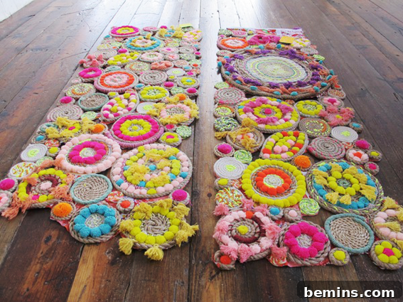 Close-up of a vibrant, colorful DIY rope and pompom rug, showcasing intricate detail and textured design.