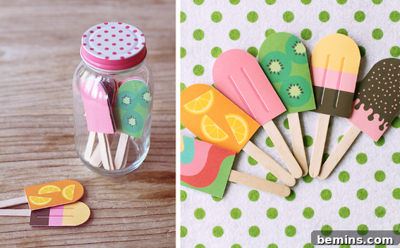 Close-up of DIY popsicle memory game cards featuring diverse, colorful designs, ready for assembly.