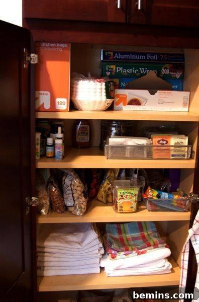 A well-organized pantry shelf with various food items arranged neatly, enhancing visibility and accessibility.