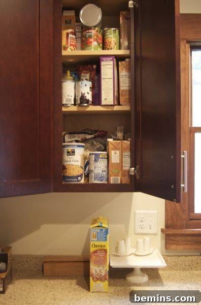 A dangerously disorganized cupboard overflowing with cans and various items.